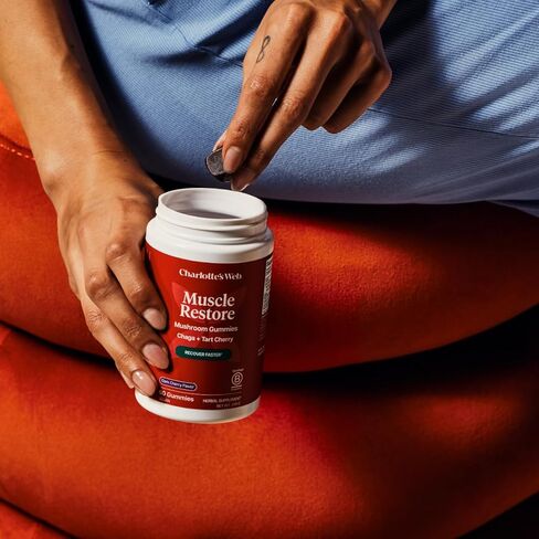 علكة الفطر لاستعادة العضلات من شارلوت للبالغين - مكمل تشاجا وتارت الكرز لاستعادة العضلات والتعب - نباتي، كوشير، غير معدّل وراثيًا (نكهة الكرز الداكن، 30 حصة) in Kuwait