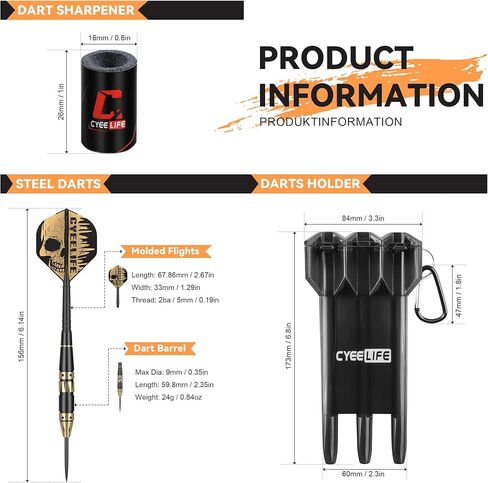 CyeeLife Brass Steel Tip Darts Set 24g,3 Pack Professional Metal Darts Set,Includes Integrated Dart Flights and Shafts,Dart Sharpener and Darts Case in Saudi Arabia