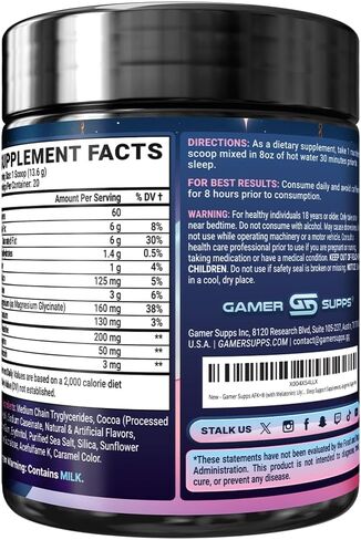 Gamer Supps AFK+® (مع الميلاتونين): Lily's Lullaby Hot Cocoa من Shylily - 20 حصة - مكمل دعم النوم الذي يركز على المغنيسيوم الصديق للكيتو، Apigenin، خالي من السكر in Kuwait