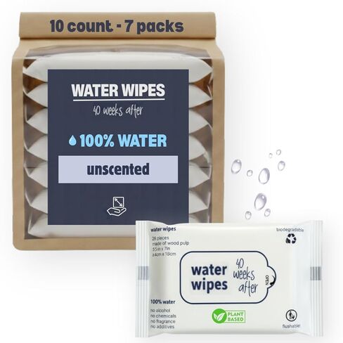 Water Wipes, Unscented Baby Wipes made of 100% Water and Plant-Based Tissue for Sensitive Skin, Travel Size Packages of 10 Wipes - 7 Packs included (70 in Total) - 40 Weeks After in Saudi Arabia