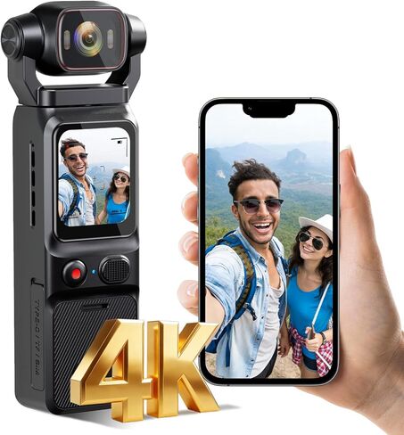 4K Vlogging Camera, Action Camera with Image Stabilization, Pocket Body Cam with APP Control, Handheld POV Cameras for Outdoor Sport, Travel(64GB Card) in Kuwait