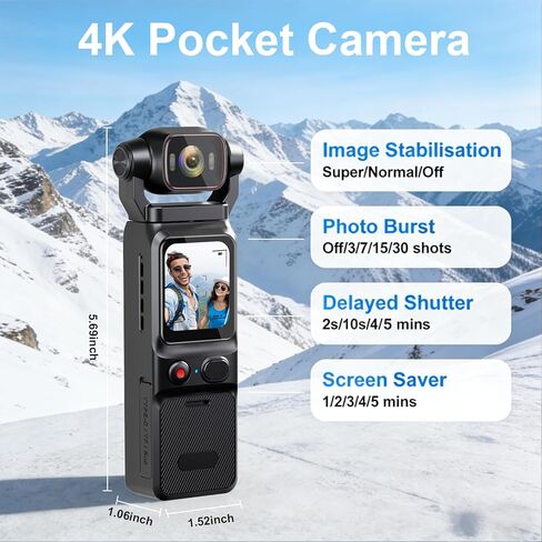 4K Vlogging Camera, Action Camera with Image Stabilization, Pocket Body Cam with APP Control, Handheld POV Cameras for Outdoor Sport, Travel(64GB Card) in Kuwait