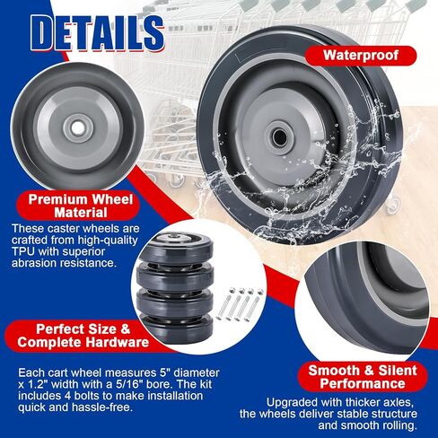 NYXOVA 4 Pack Shopping Cart Replacement Wheels Kit, 5" TPU Silent Supermarket Casters with Double Ball Bearings, Durable Replacement for Grocery Carts in Saudi Arabia