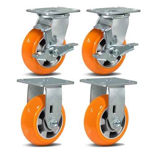 عجلات 5 بوصة (عرض 2 بوصة)، مداس من البولي يوريثين المتوج من الألومنيوم المقاوم للصدأ والتآكل، مجموعة عجلات شديدة التحمل مكونة من 4 قطع بسعة 4000 رطل (2 فرامل و2 صلب) in Kuwait