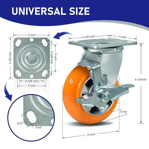 عجلات 5 بوصة (عرض 2 بوصة)، مداس من البولي يوريثين المتوج من الألومنيوم المقاوم للصدأ والتآكل، مجموعة عجلات شديدة التحمل مكونة من 4 قطع بسعة 4000 رطل (2 فرامل و2 صلب) in Kuwait
