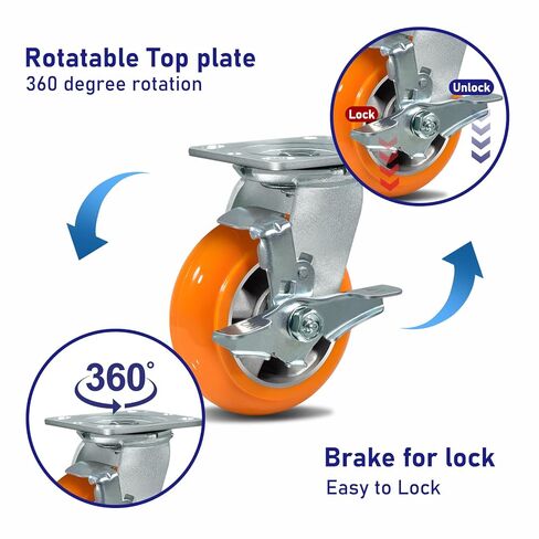 عجلات 5 بوصة (عرض 2 بوصة)، مداس من البولي يوريثين المتوج من الألومنيوم المقاوم للصدأ والتآكل، مجموعة عجلات شديدة التحمل مكونة من 4 قطع بسعة 4000 رطل (2 فرامل و2 صلب) in Kuwait