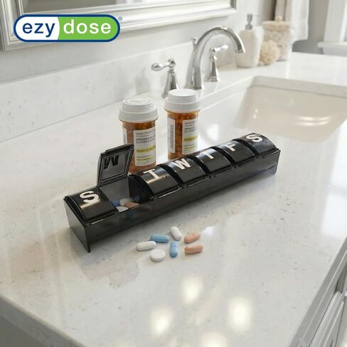 EZY DOSE Weekly (7-Day) Pill Organizer, Medicine Planner with Large Compartments for Easy Pill Removal, BPA-Free Vitamin Box, Travel-Friendly Pill Case, Durable & Portable, Black in Saudi Arabia
