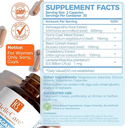 بيليكير ​​اشواغاندا 600 ملغ مع البروبيوتيك وفيتكس | Cortisol Reducer, Hormone Balance for Women, Menopause Supplement for Stress, Hot Flashes, Night Sweats, Mood & Sleep Support,60 Count in Saudi Arabia