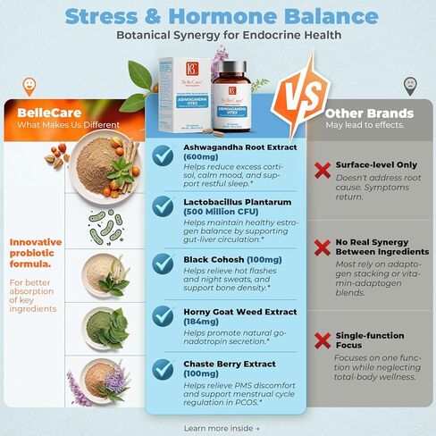 بيليكير ​​اشواغاندا 600 ملغ مع البروبيوتيك وفيتكس | Cortisol Reducer, Hormone Balance for Women, Menopause Supplement for Stress, Hot Flashes, Night Sweats, Mood & Sleep Support,60 Count in Saudi Arabia