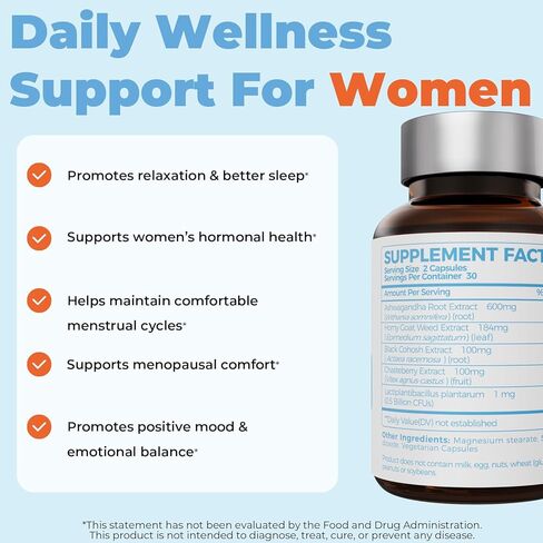 بيليكير ​​اشواغاندا 600 ملغ مع البروبيوتيك وفيتكس | Cortisol Reducer, Hormone Balance for Women, Menopause Supplement for Stress, Hot Flashes, Night Sweats, Mood & Sleep Support,60 Count in Saudi Arabia