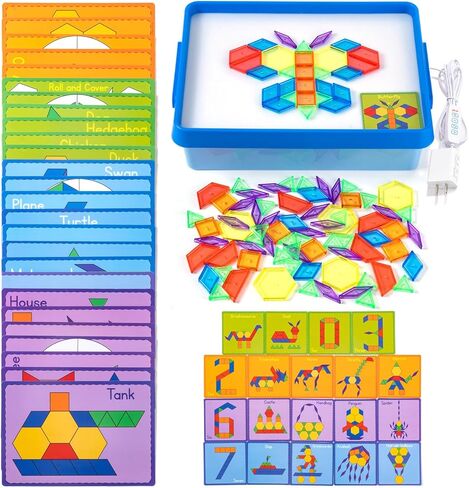 Light Table for Kids – Shine Bright Tracing & Education Light Box with 87 Translucent Pattern Blocks & 46 Double-Sided Flash Cards – Kids Light Up Sensory Table for Creative Learning in Kuwait