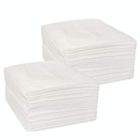 وسادات ماصة للزيت - تمتص الزيت، الوقود، البنزين، HVO، الزيت الهيدروليكي - أوراق التحكم في الانسكاب - 16 بوصة × 18 بوصة، 100 ورقة، قلب مربوط صوتي مع طبقة علوية مغزولة، أبيض - للاستخدام الداخلي/الخارجي - صنع في الولايات المتحدة الأمريكية in Kuwait