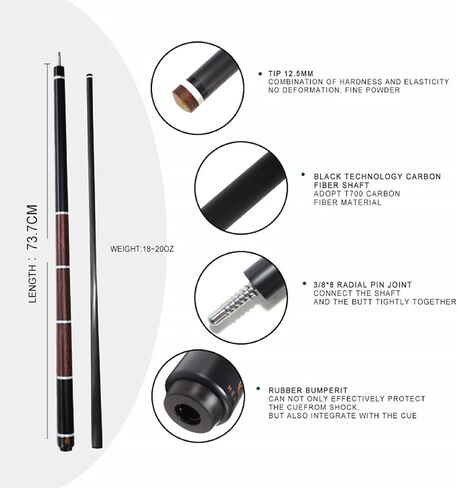 Carbon Fiber Pool Cue 58" with Pigskin Tip & Bakelite Ferrule, 2-Piece Low Deflection Billiard Cue Stick 19-20oz, Handmade for Pool/Black Eight & Nine Balls in Kuwait