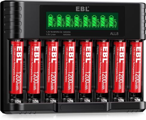 بطاريات ليثيوم AA قابلة لإعادة الشحن من EBL مع شاحن، 3000 مللي واط في الساعة، بطاريات مزدوجة بقدرة 3000 مللي أمبير في الساعة، 1.5 فولت 8 عبوات بطاريات AA 1600+ دورات مثالية للكاميرات الوامضة وأقفال الأبواب وفوانيس التخييم in Kuwait