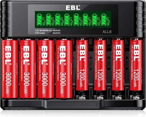 بطاريات ليثيوم AA قابلة لإعادة الشحن من EBL مع شاحن، 3000 مللي واط في الساعة، بطاريات مزدوجة بقدرة 3000 مللي أمبير في الساعة، 1.5 فولت 8 عبوات بطاريات AA 1600+ دورات مثالية للكاميرات الوامضة وأقفال الأبواب وفوانيس التخييم in Kuwait