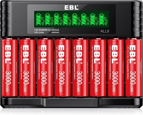 بطاريات ليثيوم AA قابلة لإعادة الشحن من EBL مع شاحن، 3000 مللي واط في الساعة، بطاريات مزدوجة بقدرة 3000 مللي أمبير في الساعة، 1.5 فولت 8 عبوات بطاريات AA 1600+ دورات مثالية للكاميرات الوامضة وأقفال الأبواب وفوانيس التخييم in Kuwait