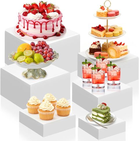 Hacaroa 6 Pcs Buffet Risers, Food Risers Dessert Cupcake Stand for Buffet Table, White Acrylic Cube Boxes for Party, Catering, Jewelry, Collectibles, Hollow Bottom, 6 Sizes (10", 9", 8", 7.5", 6.7", 6") in Saudi Arabia