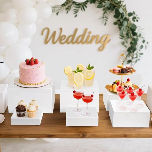 Hacaroa 6 Pcs Buffet Risers, Food Risers Dessert Cupcake Stand for Buffet Table, White Acrylic Cube Boxes for Party, Catering, Jewelry, Collectibles, Hollow Bottom, 6 Sizes (10", 9", 8", 7.5", 6.7", 6") in Saudi Arabia
