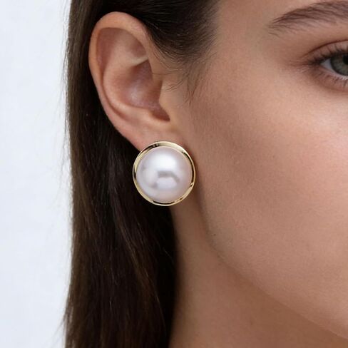 Boho Large Pearl Earrings Gold Pearl Stud Earrings Big Round Pearl Earrings Freshwater Pearl Bridal Earrings Disc Pearl Drop Earrings in Saudi Arabia