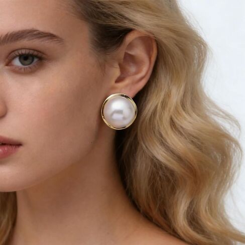 Boho Large Pearl Earrings Gold Pearl Stud Earrings Big Round Pearl Earrings Freshwater Pearl Bridal Earrings Disc Pearl Drop Earrings in Saudi Arabia