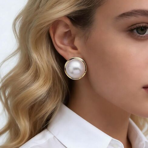 Boho Large Pearl Earrings Gold Pearl Stud Earrings Big Round Pearl Earrings Freshwater Pearl Bridal Earrings Disc Pearl Drop Earrings in Saudi Arabia