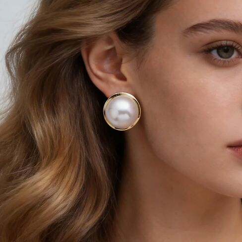 Boho Large Pearl Earrings Gold Pearl Stud Earrings Big Round Pearl Earrings Freshwater Pearl Bridal Earrings Disc Pearl Drop Earrings in Saudi Arabia