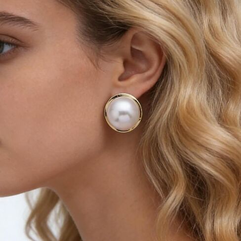 Boho Large Pearl Earrings Gold Pearl Stud Earrings Big Round Pearl Earrings Freshwater Pearl Bridal Earrings Disc Pearl Drop Earrings in Saudi Arabia