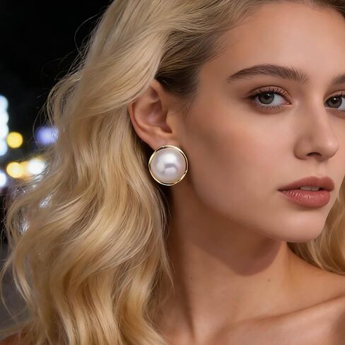 Boho Large Pearl Earrings Gold Pearl Stud Earrings Big Round Pearl Earrings Freshwater Pearl Bridal Earrings Disc Pearl Drop Earrings in Saudi Arabia