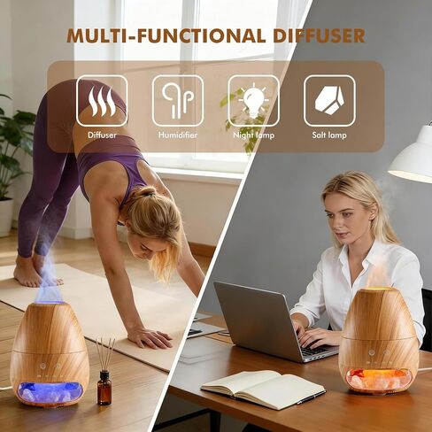 ناشر الزيوت العطرية من ديالان مع تأثير اللهب بالموجات فوق الصوتية لملح الهيمالايا، ناشر روائح مرطبة بالموجات فوق الصوتية مع إيقاف تلقائي لهدية المكتب المنزلي - 100 مل من الحبوب الخشبية in Kuwait