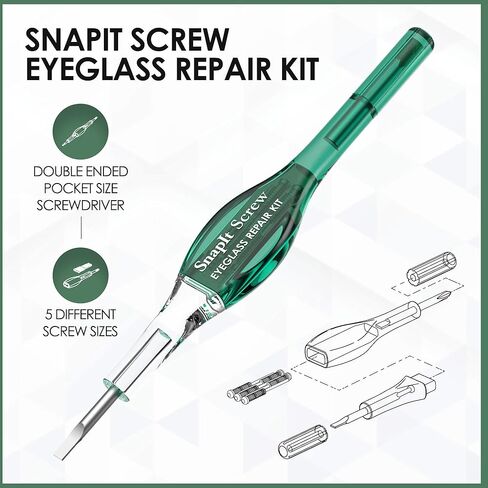مجموعة إصلاح النظارات SnapIt Screw DIY، إصلاحات سريعة للإطارات ذات البراغي المفقودة أو السائبة، تتضمن مفك براغي بحجم الجيب مزدوج الأطراف و5 أحجام براغي - أخضر in Kuwait