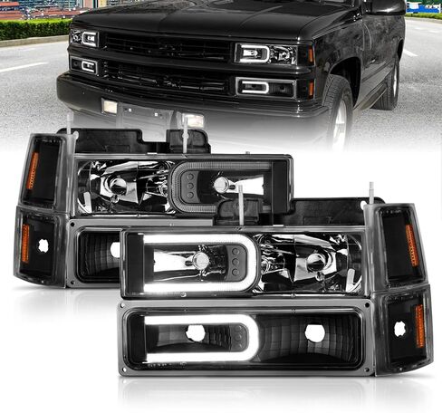 AmeriLite For 1988-1998 Chevy Pickup Truck C/K Suburban Tahoe LED Tube Black Replacement Headlights Halogen Bulb Parking Corner Light Sets - Passenger and Driver Side in Saudi Arabia