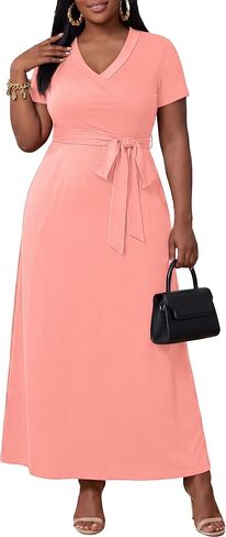 Runwind Women’s Plus Size Maxi Dress Short Sleeve Casusl Summer Long Dress Solid V-Neck Oversized Dresses in Kuwait