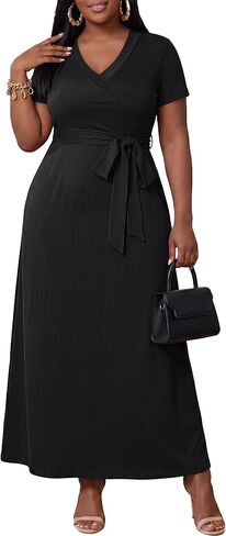 Runwind Women’s Plus Size Maxi Dress Short Sleeve Casusl Summer Long Dress Solid V-Neck Oversized Dresses in Saudi Arabia