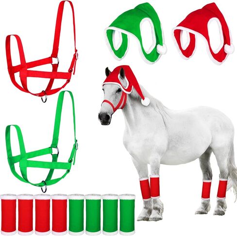 12 قطعة (أحمر وأخضر) مجموعة حصان عيد الفصح من إكسسوارات أزياء الحصان مع قبعات عيد الفصح وأغطية أرجل الحصان قابلة للتعديل لمستلزمات الحفلات والديكور في العطلات in Kuwait