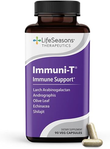 LifeSeasons Immuni-T - مكمل دعم المناعة - معزز نظام المناعة - تخفيف البرد والأنفلونزا الطبيعي - نبات البلسان، إشنسا، أندروجرافيس، أرابينوجالاكتانز وأوراق الزيتون - 90 كبسولة in Kuwait