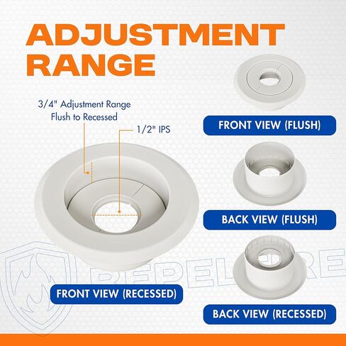 Retrofit Recessed Fire Sprinkler Escutcheon 1/2 in. IPS - Split 3 Piece in White - Depth Adjustment Range up to 1/2 in. for Fire Sprinkler Trim and Safety in Saudi Arabia