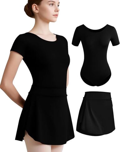 WYHDY Women Ballet leotard with Pull on Skirt,Round Neck Short Sleeve in Kuwait