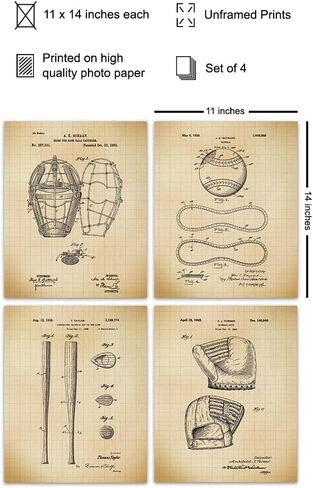 لوحة فنية جدارية لغرفة الأطفال مقاس 11 × 14 - مطبوعات بيسبول عتيقة - لوحة فنية جدارية للأطفال والمراهقين وغرفة الألعاب والمكتب - ديكور فريد للأطفال، ديكور غرفة للصبي، مروحة رياضية - مجموعة ديكور غرفة النوم - غير مؤطرة in Kuwait