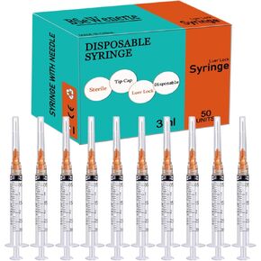 50 Pack 3ml/cc Disposable Luer Lock Lab Syringes with 25Ga 1.0 Inch Needle , Individually Sealed Packed in Kuwait