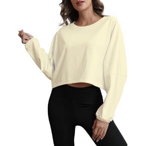 Womens Cropped Sweatshirt Loose Fit Workout Tops - Crewneck Pullover Long Sleeve Casual Fashion Sweaters for Yoga Gym Fitness Apricot XS in Kuwait