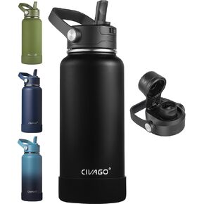 CIVAGO 32 oz Insulated Stainless Steel Water Bottle with Detachable Straw, Large Metal Water Jug with Bucket Handle, Leakproof Sports Water Flask with Silicone Boot for Travel, Dishwasher Safe, Black in Kuwait