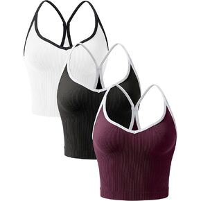 OLCHEE Womens 3PK Crop Tank Tops Seamless Ribbed Sweetheart Neck Racerback Spaghetti Straps Contrast Trim Workout Yoga Cami in Kuwait