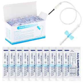 مجموعة 100 مجموعة من إبر الفراشة، مجموعة إبر جمع الدم مع حامل، عبوة فردية معقمة للمختبرات والطب البيطري (النمط 1،23 جرام × 3/4 بوصة × 12 بوصة، أزرق) in Kuwait