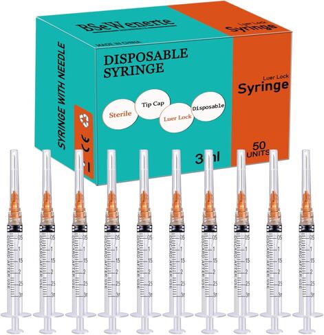 50 حزمة 3 مل / سم مكعب محاقن مختبر Luer Lock مع إبرة 25Ga 1.0 بوصة، معبأة بشكل فردي in Kuwait