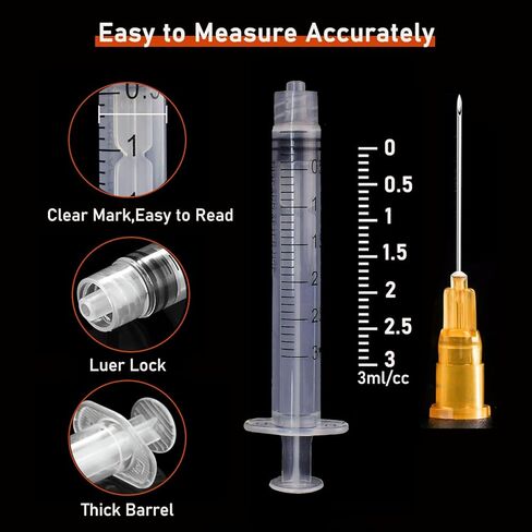 50 حزمة 3 مل / سم مكعب محاقن مختبر Luer Lock مع إبرة 25Ga 1.0 بوصة، معبأة بشكل فردي in Kuwait