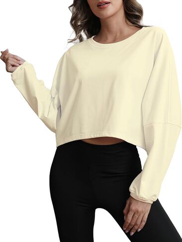 سويت شيرت نسائي قصير فضفاض مناسب للتمرين - بلوفر بياقة دائرية وأكمام طويلة وسترات عصرية غير رسمية لليوجا والجيم واللياقة البدنية مشمش XS in Kuwait