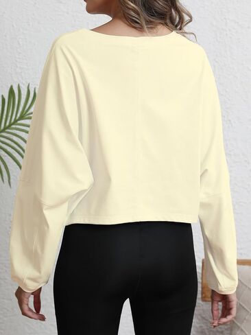 سويت شيرت نسائي قصير فضفاض مناسب للتمرين - بلوفر بياقة دائرية وأكمام طويلة وسترات عصرية غير رسمية لليوجا والجيم واللياقة البدنية مشمش XS in Kuwait