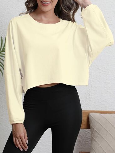 سويت شيرت نسائي قصير فضفاض مناسب للتمرين - بلوفر بياقة دائرية وأكمام طويلة وسترات عصرية غير رسمية لليوجا والجيم واللياقة البدنية مشمش XS in Kuwait