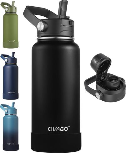 CIVAGO 32 oz Insulated Stainless Steel Water Bottle with Detachable Straw, Large Metal Water Jug with Bucket Handle, Leakproof Sports Water Flask with Silicone Boot for Travel, Dishwasher Safe, Black in Saudi Arabia