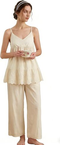 Women's Vintage Pajama Set 100% Cotton Adjustable Strap Bra Pants with Pockets French Lace Trim in Saudi Arabia